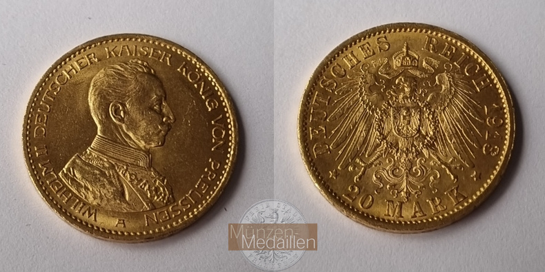 Dt. Kaiserreich Preussen, Wilhelm II MM-Frankfurt KM#521 Feingold: 7,17g 20 Mark (1890-1913) 1913 A 