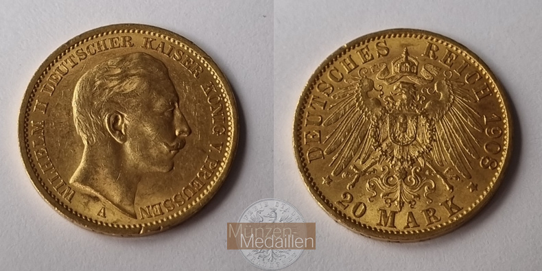 Dt. Kaiserreich. Preussen Wilhelm II. MM-Frankfurt Feingold: 7,17g 20 Mark 1908 A 