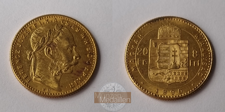 Ungarn MM-Frankfurt Feingold: 5,81g 8 Forint / 20 Franken 1890 