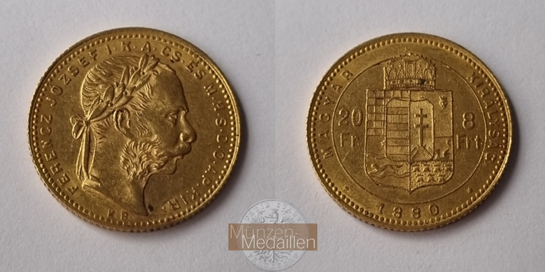 Ungarn MM-Frankfurt Feingold: 5,81g 8 Forint / 20 Franken 1880 