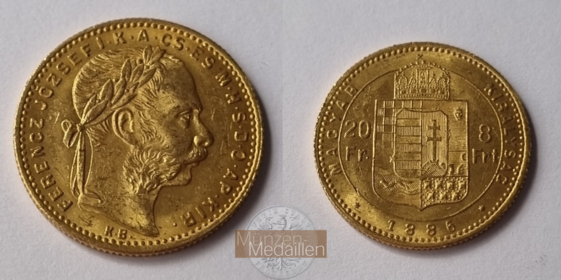 Ungarn MM-Frankfurt Feingold: 5,81g 8 Forint / 20 Franken 1886 