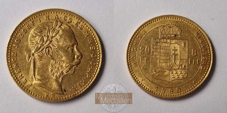 Ungarn MM-Frankfurt Feingold: 5,81g 8 Forint / 20 Franken 1880 