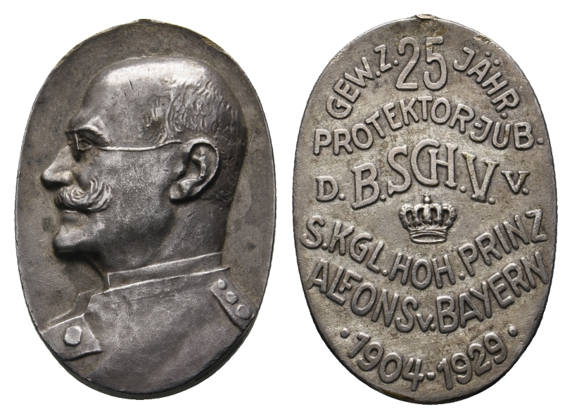  Schützen-Medaille 1929; Prinz Alfons v. Bayern; Bronze; entf. Trageöse; 16,66 g; H 38,63 xB 26,54 mm   