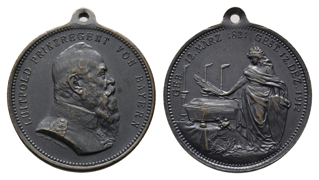  Medaille; Luitpold Prinzregent von Bayern; Bronze; gehenkelt; 15,56 g; Ø 30,48 mm   