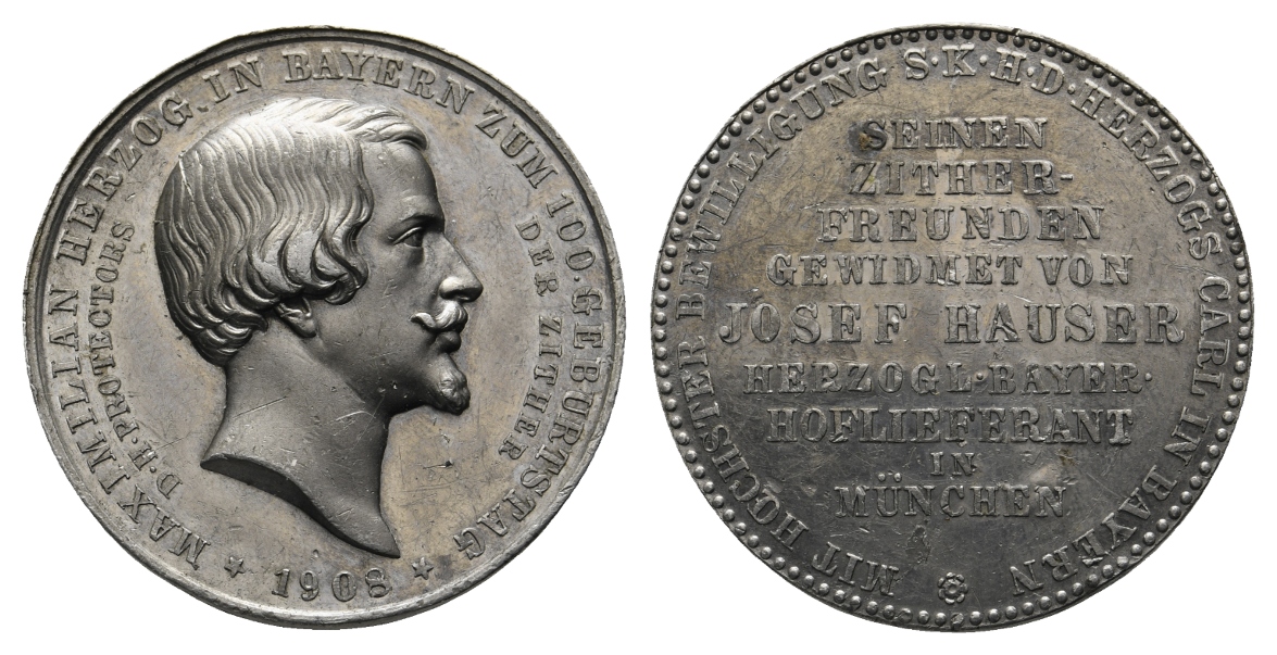  Medaille 1908; 100. Geburtstag Maximilian Herzog in Bayern; Bronze; 23,31 g; Ø 38,20 mm   