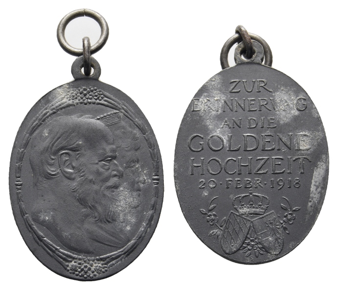 Medaille; Bayern; Goldene Hochzeit 1918; Zinn; tragbar; 9,59 g;  H 37,12 mm x B 25,92 mm   