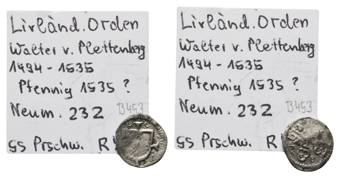  Mittelalter; Livländscher Orden; Pfennig 1535?; Walter v. Plettenberg   