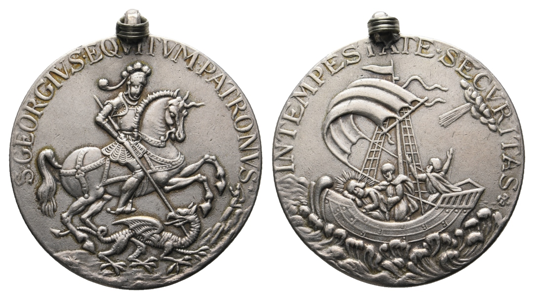  Medaille; Heiliger Georg; versilb. Bronze; tragbar; 20,47 g; Ø 40,84 mm   