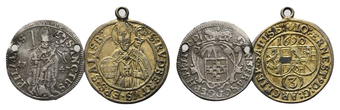  Altdeutschland; Würzburg; 2 Kleinmünzen 1747 / 1690; 2 fach gelocht/ gehenkelt   