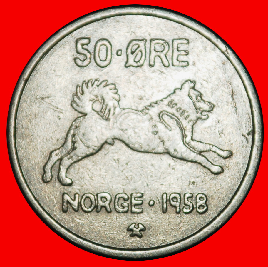 Ⰶ DOG (1958-1973): NORWAY ★ 50 ORE 1958 UNCOMMON! OLAV V (1957-1991)★ LOW START ★ NO RESERVE!