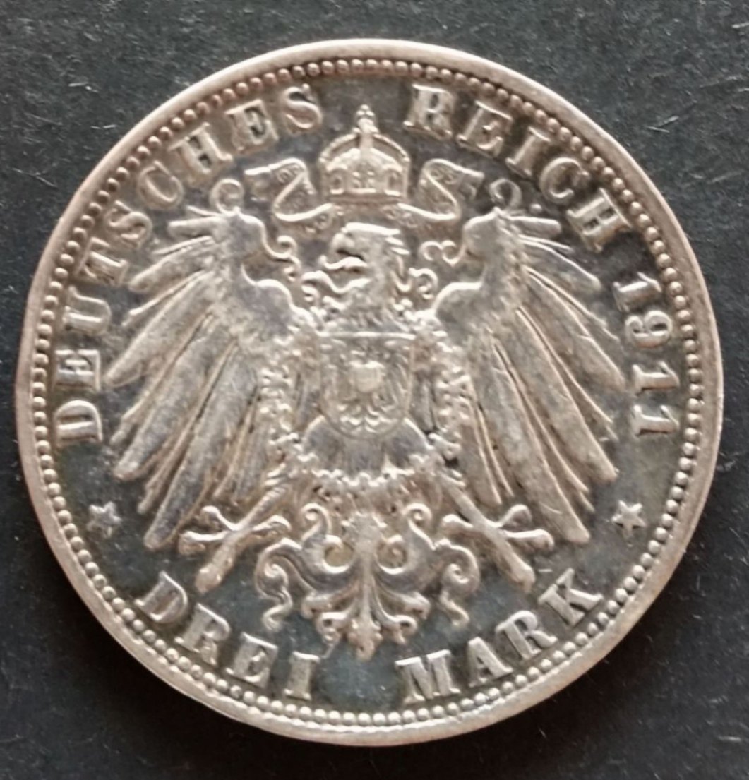  3 MARK MÜNZE Prinzregent Luitpold Bayern 1911 VZ   