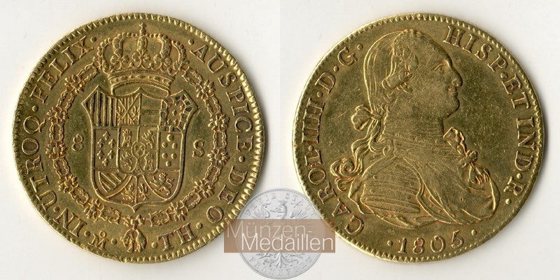 Mexiko, span. Kolonie Karl IV. 1788-1808 MM-Frankfurt  Feingold: 21,32g 8 Escudos 1805 MO - FM 