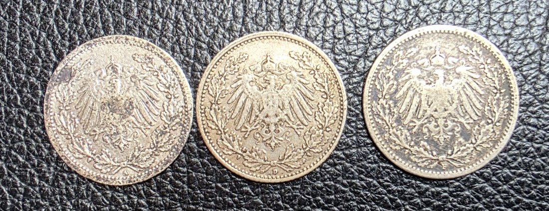  3 x 1/2 Mark 1905 A, D, F Jaeger 16 XXL Bild Silber je 0,900 2,77 Gramm (2,5 Gr. fein)   