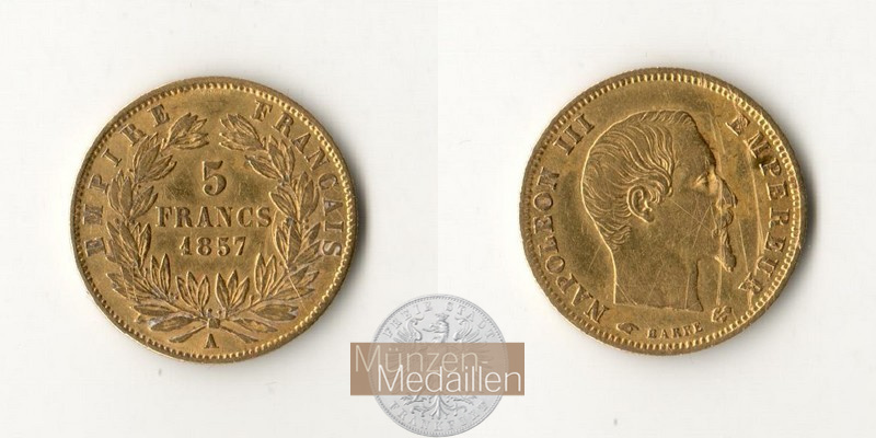 Frankreich MM-Frankfurt Feingold: 1,45g 5 Francs 1857 