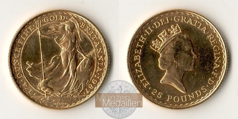 Grossbritannien  25 Pounds MM Frankfurt Feingold: 7,81g Stehende Britannia 1988 