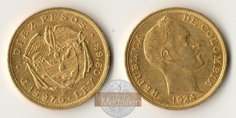 Kolumbien Feingewicht: 14,65g 10 Pesos 1924 