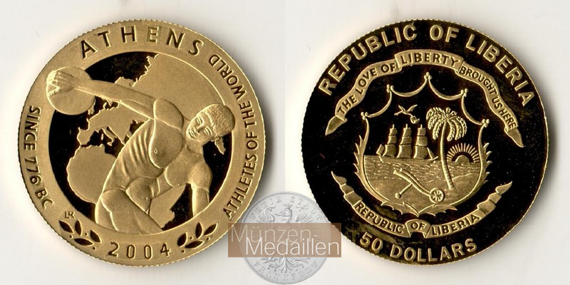 Liberia,  50 Dollar MM-Frankfurt Feingold: 6,2g Summer Olympics in Athens 2004 