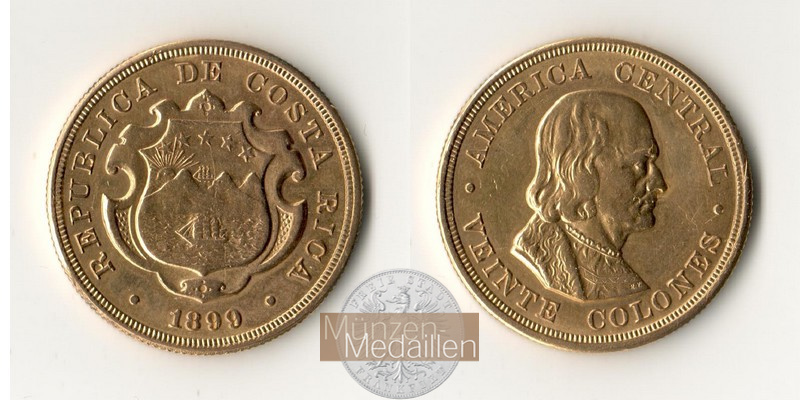 Costa Rica MM-Frankfurt  Feingewicht: 14g 20 Colones 1899 