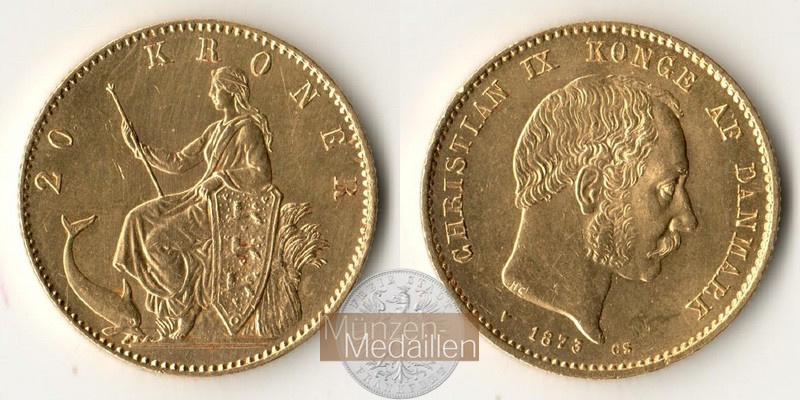 Dänemark, Christian IX MM-Frankfurt KM#791 Feingold: 8,06g 20 Kronen (1873-1900) 1873 