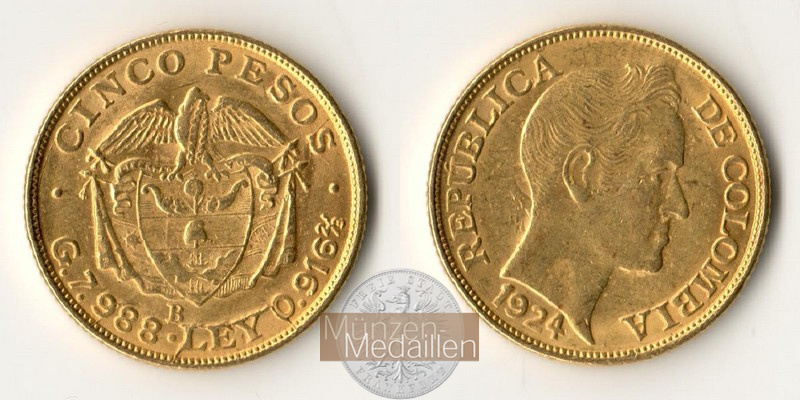 Kolumbien, Republik seit 1911. MM-Frankfurt   Feingold: 7,32g 5 Pesos 1924 B 