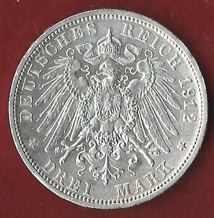  Wuerttemberg  3 Mark 1912 Münzankauf Koblenz Frank Maurer AK 26   