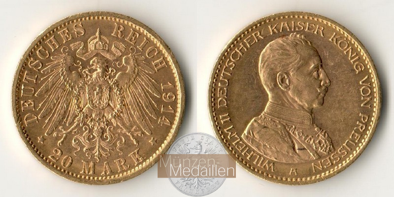 Preussen Kaiserreich, Wilhelm II Uniform MM-Frankfurt KM#537 Feingold: 7,17g 20 Mark (1913-1915) 1914 A 