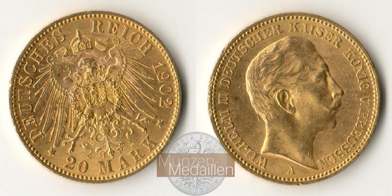 Preussen, Kaiserreich  20 Mark MM-Frankfurt Feingold: 7,17g Wilhelm II.  1888-1918 1902 A 