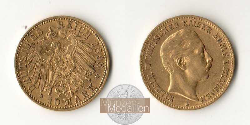 Deutsches Kaiserreich, Preussen. MM-Frankfurt Feingewicht: 3,58g Gold Wilhelm II. 1888-1918. 10 Mark 1898 A 