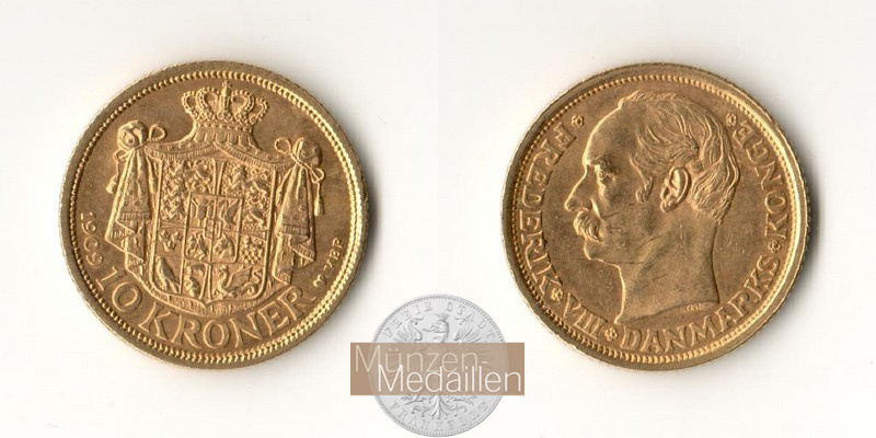 Dänemark, Frederik VIII. (1906-1912) MM-Frankfurt Feingold: 4,03g 10 Kroner 1909 VBP 