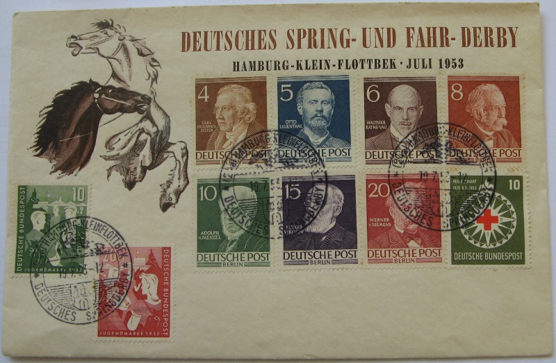  1953, Germany, FDC: Show Jumping and Driving Derby+set 10 stamps: Mi DE/BE 82-154   