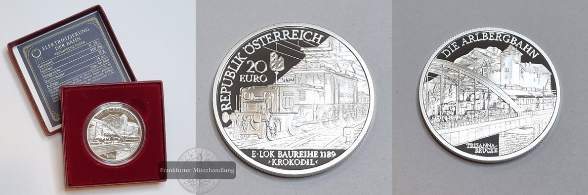  Österreich 20 Euro 2009 Die Elektrifizierung der Bahn FM-Frankfurt Feinsilber: 18g   