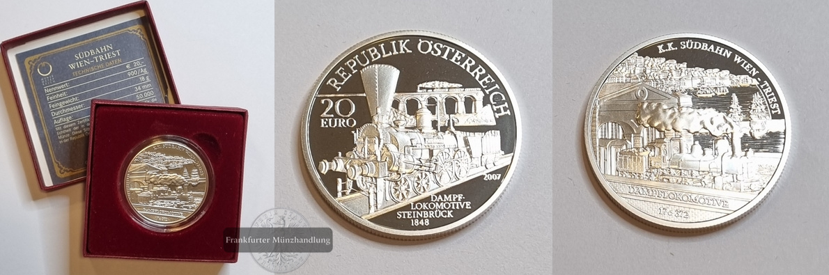  Österreich 20 Euro 2007 K.K. Südbahn FM-Frankfurt Feinsilber: 18g   