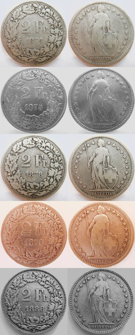  Schweiz 2 Franken 1874, 1875, 1878, 1879, 1886 B, Ag .835, gesamt 50 g   
