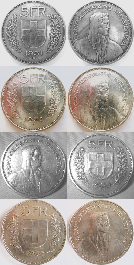  Schweiz 5 Franken 1931,1932, 1933, 1935 B, Ag .835, gesamt 60 g   