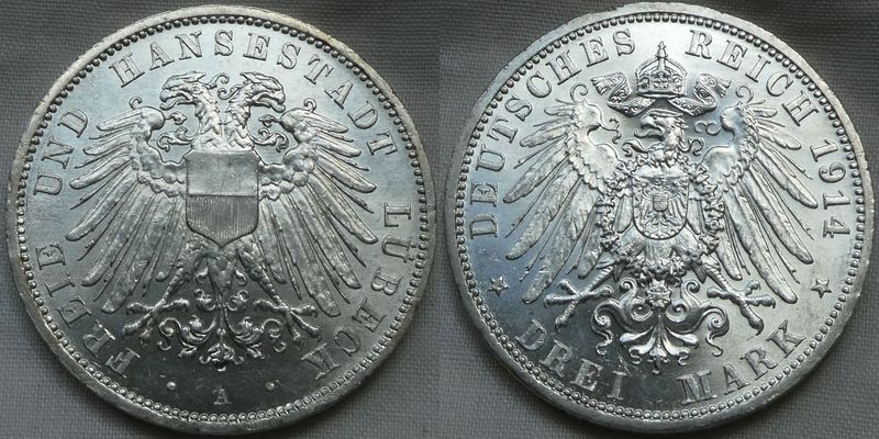  Lübeck 3 Mark 1914 in VZ-ST !!! Super Erhaltung !!! Seltenster Jahrgang !!!   