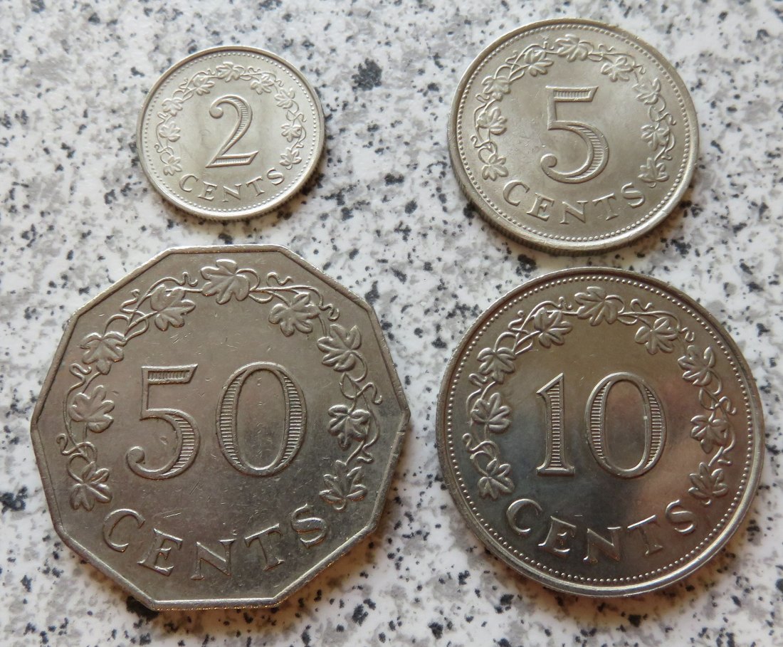  Malta 2 Cents 1977 bis 50 Cents 1972, kleines Lot   