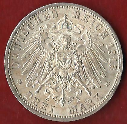  Lübeck 3 Mark 1913 -st Münzankauf Koblenz Frank Maurer AK 52   