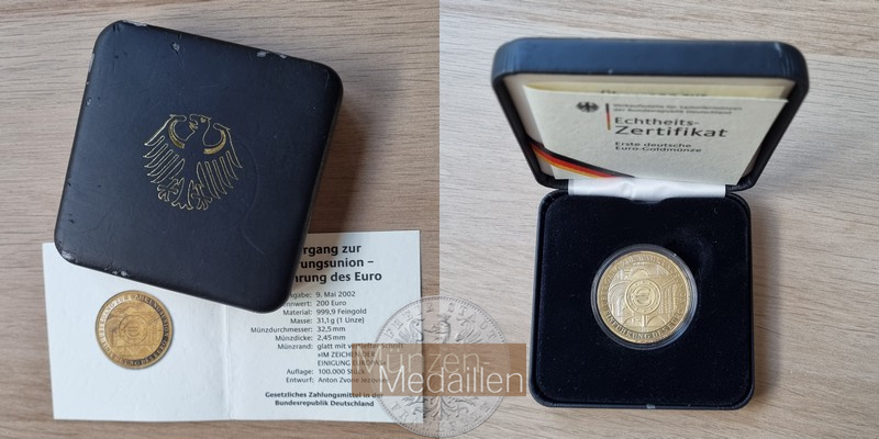 BRD  200 Euro MM-Frankfurt KM#220 Feingold: 31,1g Einführung des Euro 2002 A 