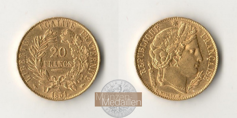  Republik Frankreich, 20 Francs 1850 A (1849-1851) MM-Frankfurt KM#762 Feingold: 5,81g   