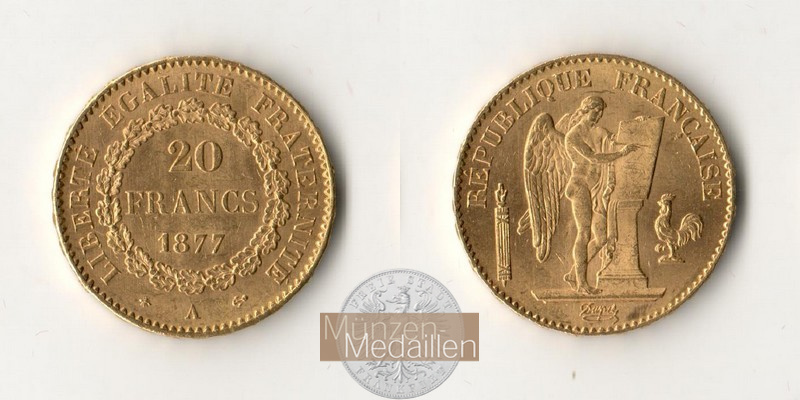  Republik Frankreich, 20 Francs 1877 A (1871-1898) MM-Frankfurt KM#825 Feingold: 5,81g   