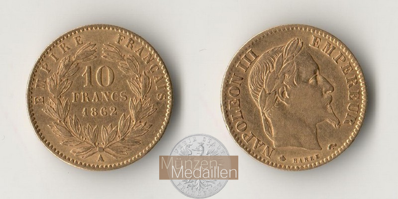 Frankreich MM-Frankfurt Feingewicht: 2,90g Gold 10 Francs 1862 A 