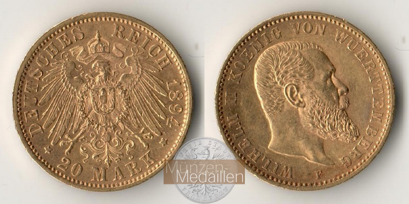 Dt. Kaiserreich Württemberg, Wilhelm II MM-Frankfurt KM#634 Feingold: 7,17g 20 Mark (1894-1914) 1894 F 