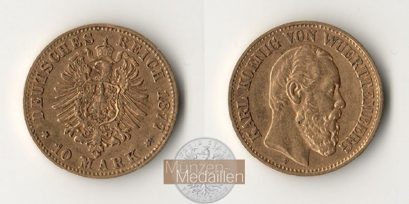 Deutsches Kaiserreich - Württemberg MM-Frankfurt Feingold: 3,58g Karl, 10 Mark 1877 F 