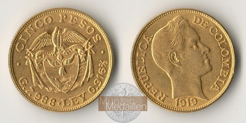 Kolumbien, Republik seit 1911. Feingold: 7,32g 5 Pesos 1919 