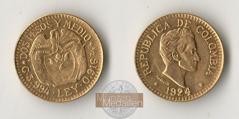 Kolumbien MM-Frankfurt  Feingold: 3,66g 2 1/2 Pesos 1924 