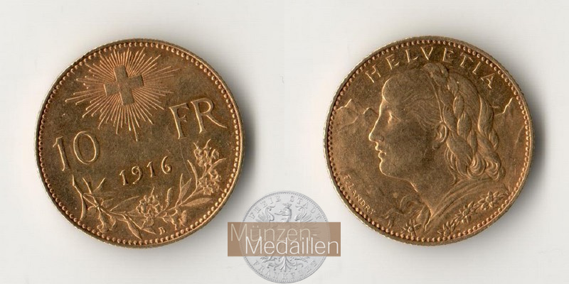 Schweiz  10 sFR MM-Frankfurt Feingold: 2,90g 1/2 Vreneli 1916 