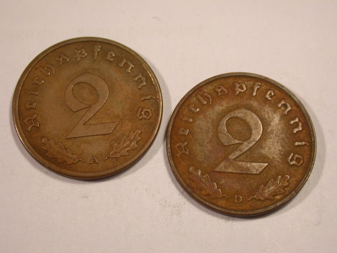 J03 3.Reich 2 Pfennig 1938 A und D 2 Münzen Originalbilder