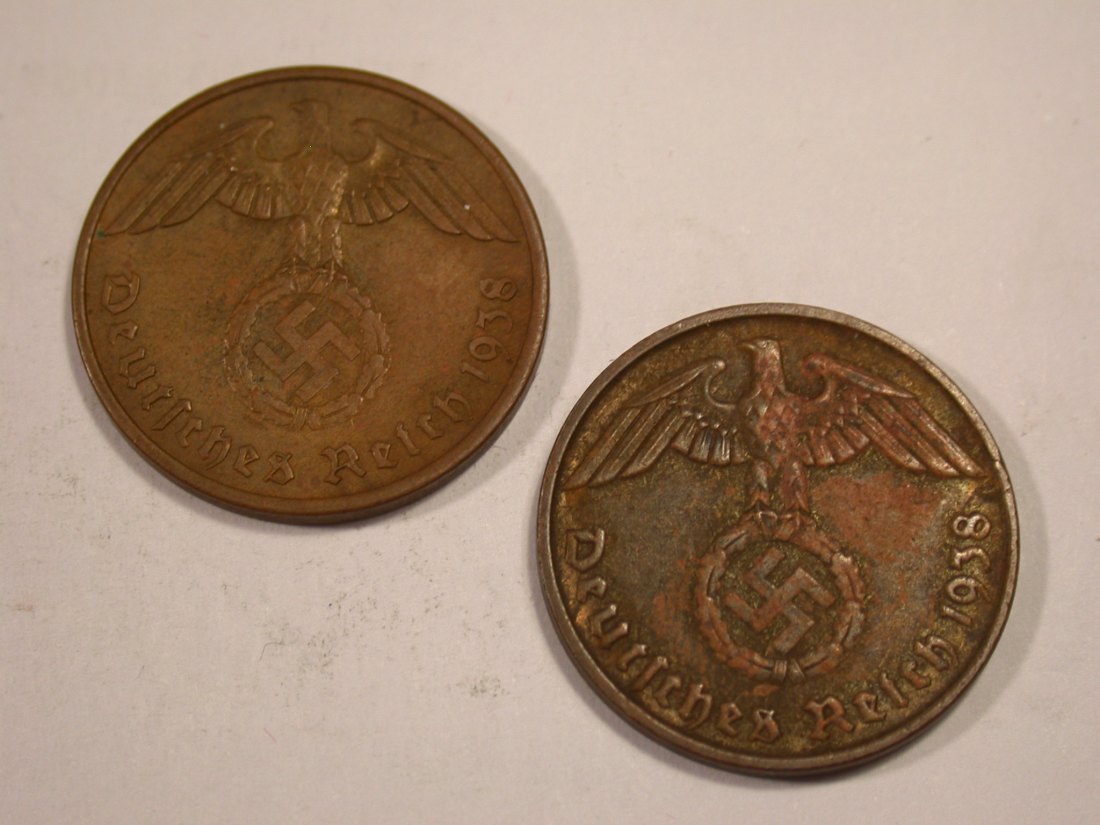 J03  3.Reich  2 Pfennig 1938 A und D  2 Münzen  Originalbilder   
