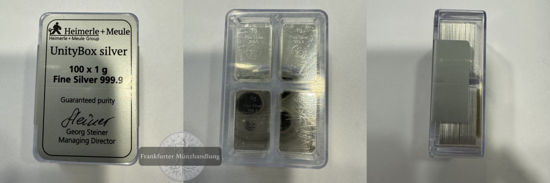  UnityBox 100x 1g Feinsilber (999.9er) Silberbarren FM-Frankfurt Feinsilber: 100g   