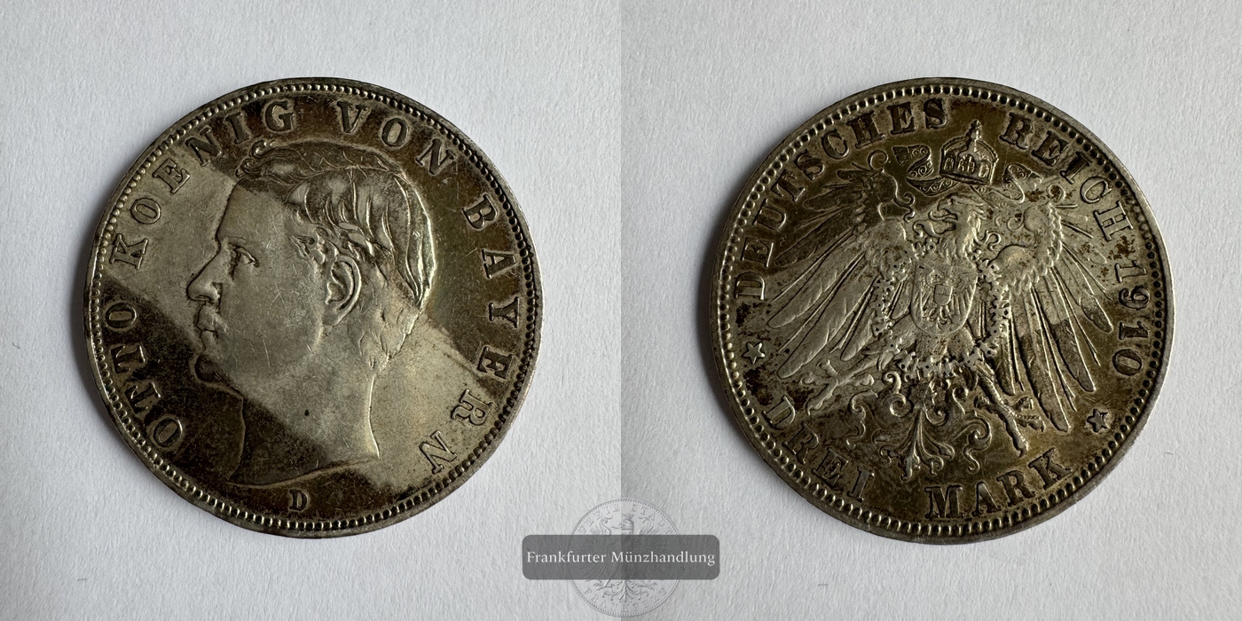  Dt. Kaiserreich Bayern 3 Mark 1910 Otto FM-Frankfurt KM#996 Feinsilber: 15g   